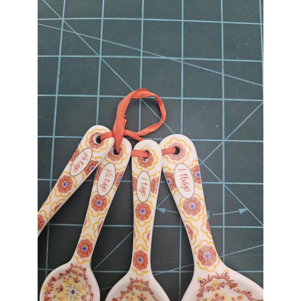 Ceramic Measuring Spoons Set of 4 White Yellow Orange Floral Boho Kitchen